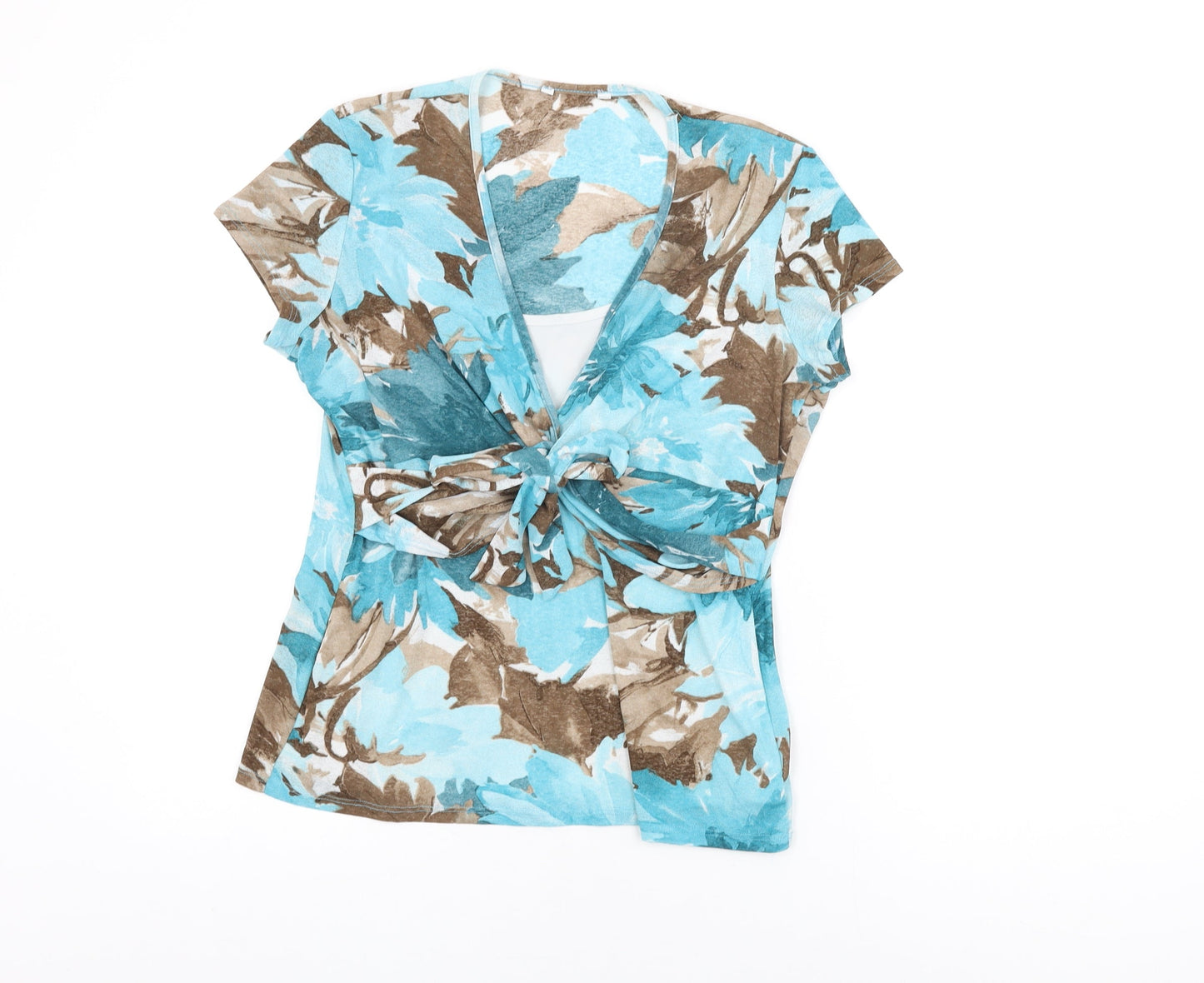 M&Co Womens Blue Floral Polyester Basic T-Shirt Size 14 V-Neck