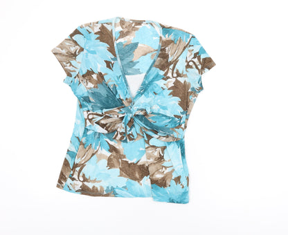 M&Co Womens Blue Floral Polyester Basic T-Shirt Size 14 V-Neck