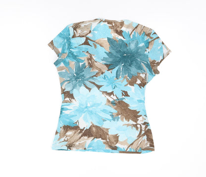 M&Co Womens Blue Floral Polyester Basic T-Shirt Size 14 V-Neck