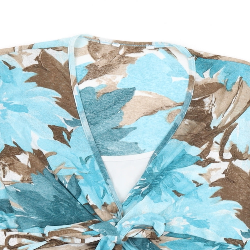 M&Co Womens Blue Floral Polyester Basic T-Shirt Size 14 V-Neck