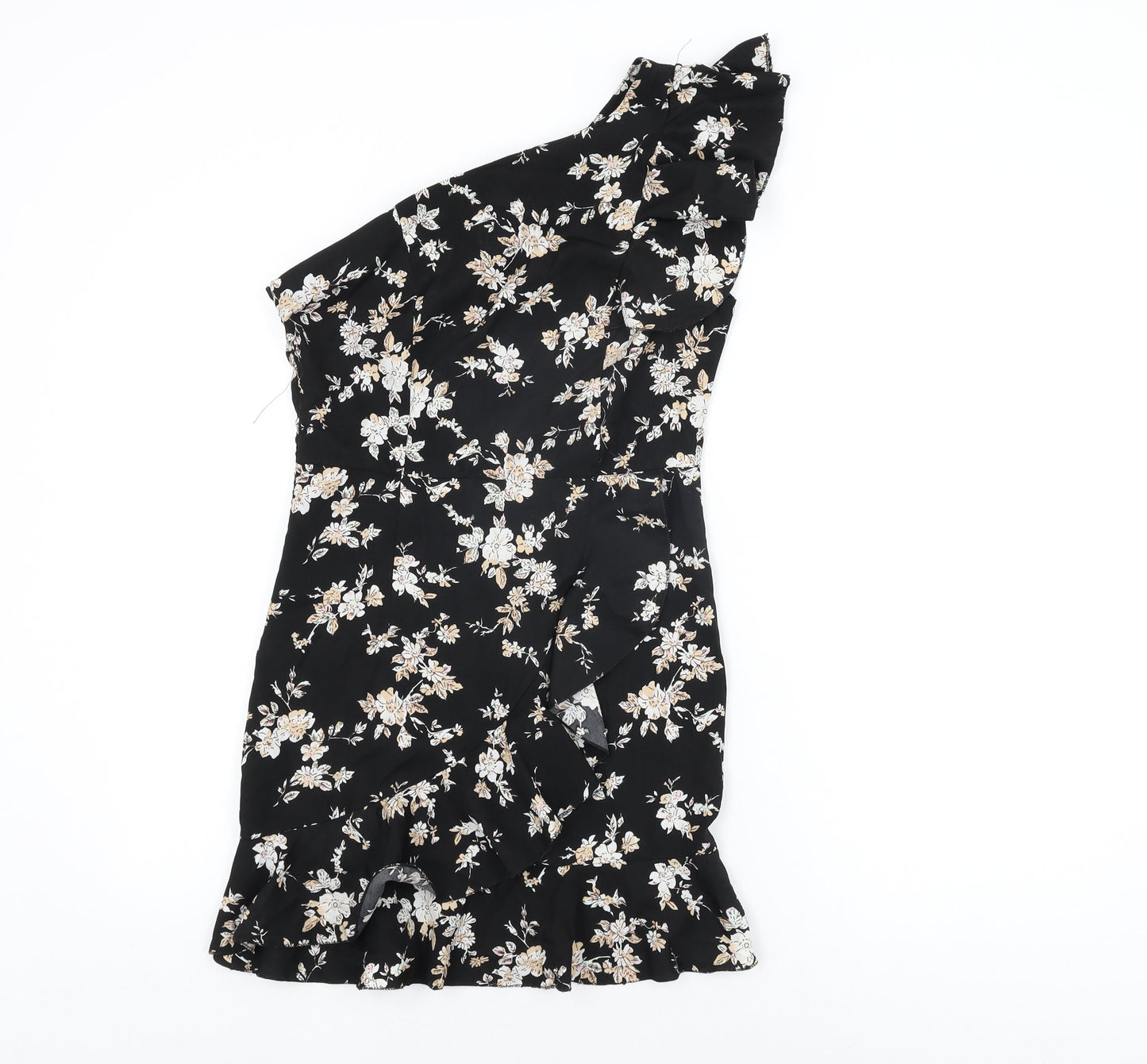 Boohoo Womens Black Floral Polyester Mini Size 6 One Shoulder Zip