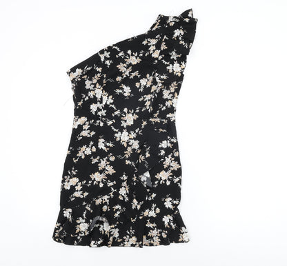 Boohoo Womens Black Floral Polyester Mini Size 6 One Shoulder Zip