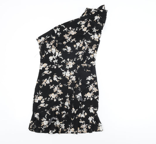 Boohoo Womens Black Floral Polyester Mini Size 6 One Shoulder Zip