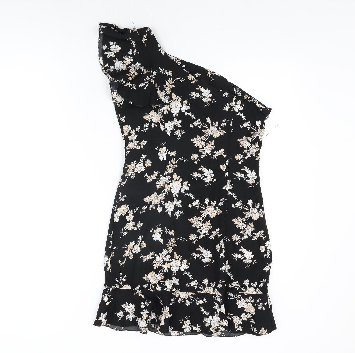 Boohoo Womens Black Floral Polyester Mini Size 6 One Shoulder Zip