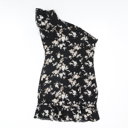 Boohoo Womens Black Floral Polyester Mini Size 6 One Shoulder Zip