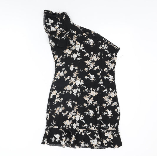 Boohoo Womens Black Floral Polyester Mini Size 6 One Shoulder Zip