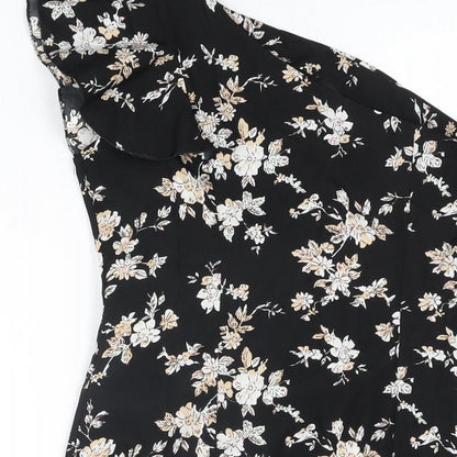 Boohoo Womens Black Floral Polyester Mini Size 6 One Shoulder Zip