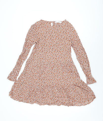Marks and Spencer Girls Brown Floral Viscose Skater Dress Size 12-13 Years Round Neck Button
