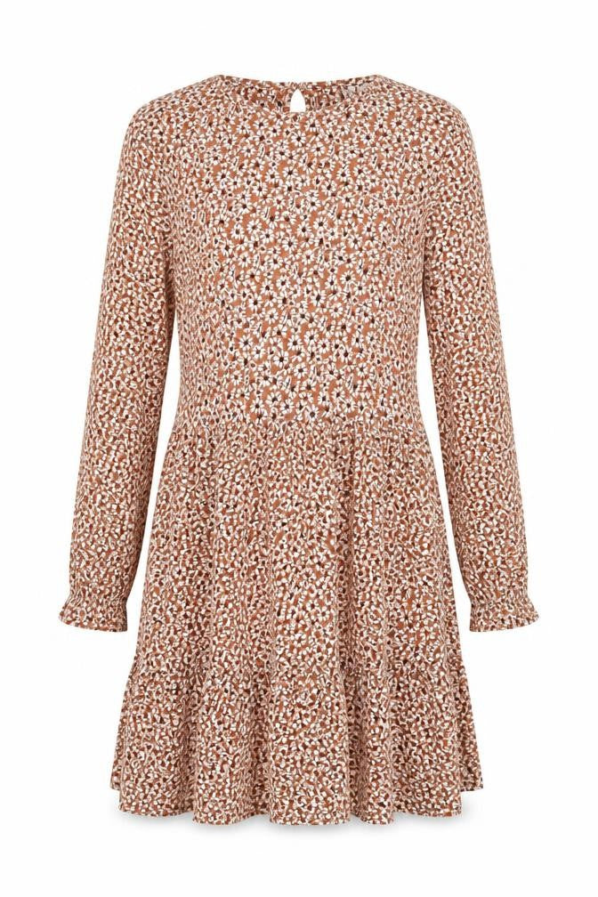 Marks & Spencer Girls Brown Floral Viscose Skater Dress Size 12-13 Years Round Neck Button