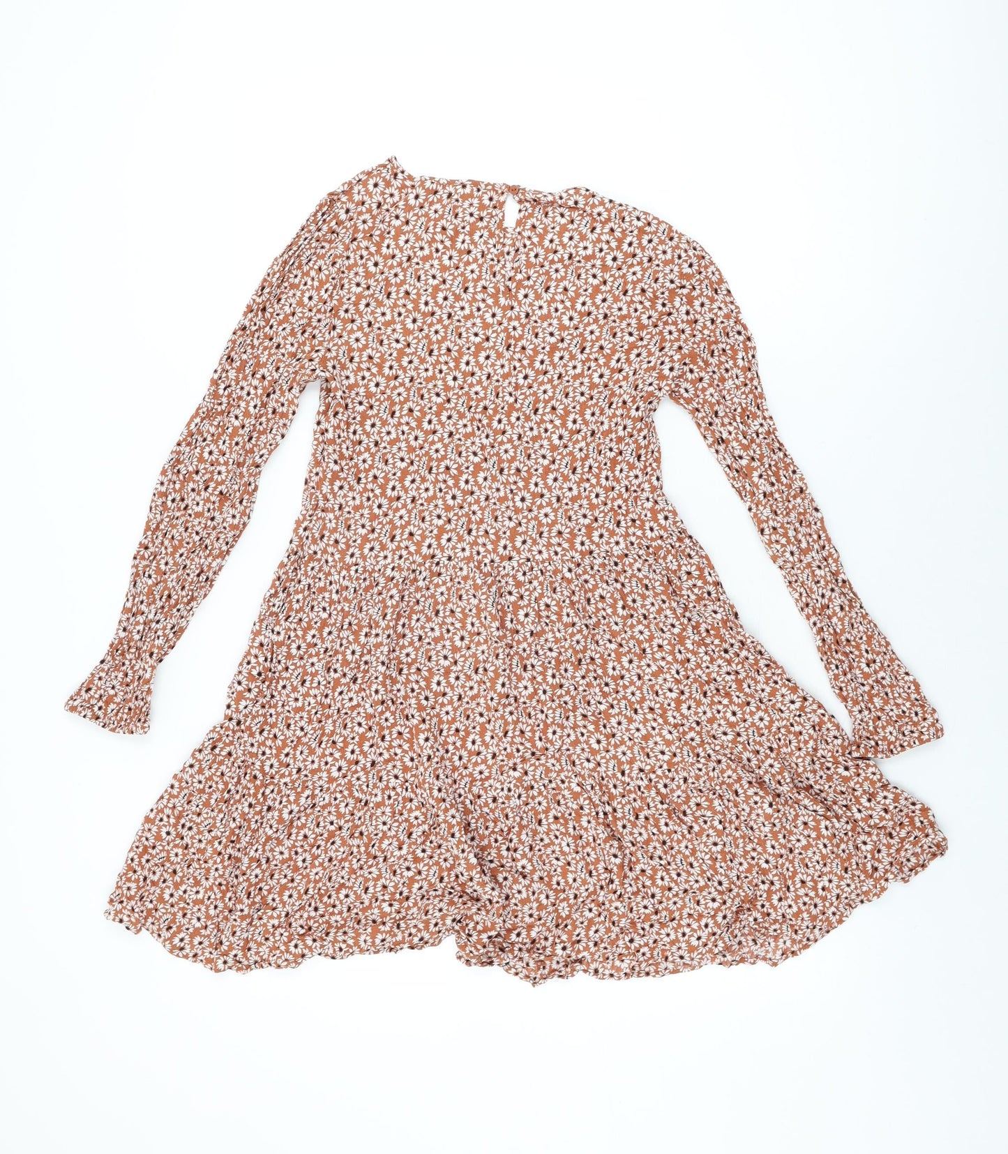Marks and Spencer Girls Brown Floral Viscose Skater Dress Size 12-13 Years Round Neck Button