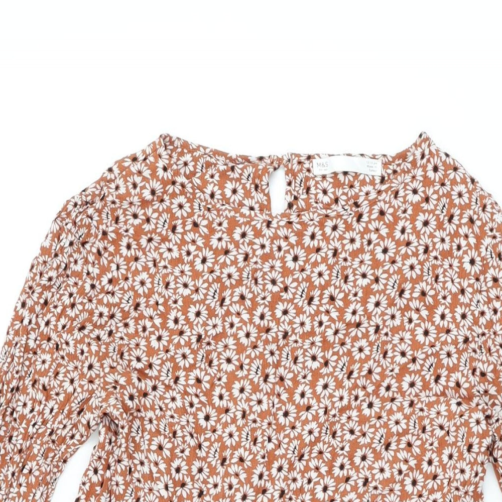 Marks and Spencer Girls Brown Floral Viscose Skater Dress Size 12-13 Years Round Neck Button