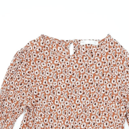Marks and Spencer Girls Brown Floral Viscose Skater Dress Size 12-13 Years Round Neck Button