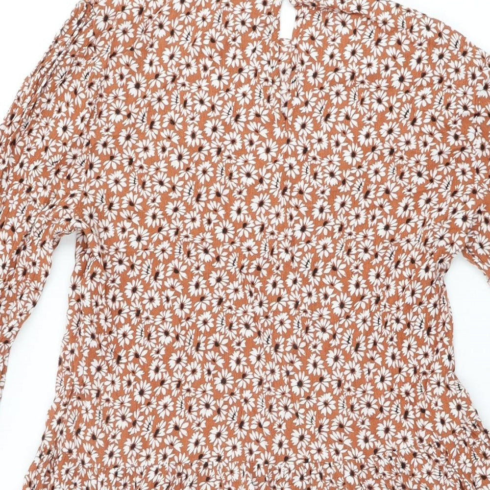Marks and Spencer Girls Brown Floral Viscose Skater Dress Size 12-13 Years Round Neck Button