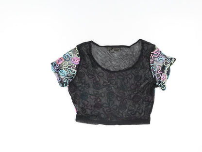 Urmoda Womens Black Geometric Polyester Cropped T-Shirt Size L Round Neck