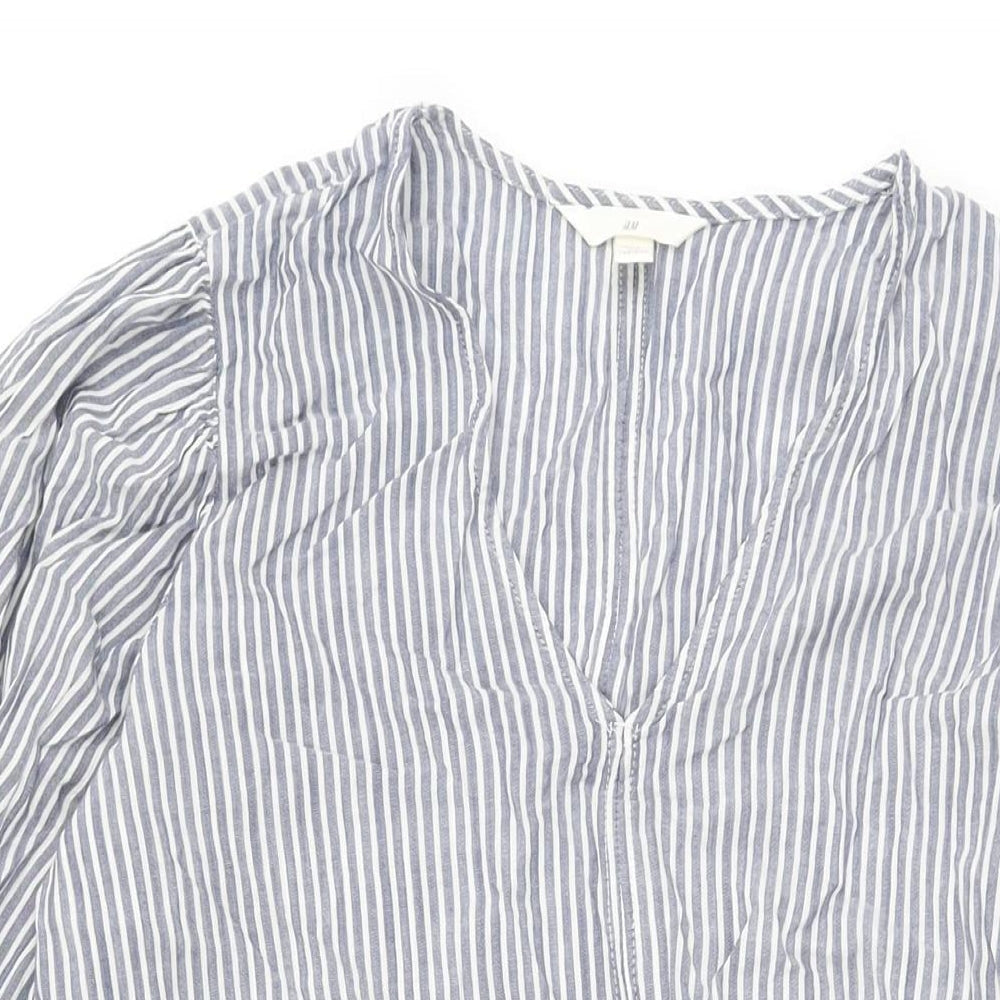 H&M Womens Blue Striped Cotton Shift Size S V-Neck Pullover