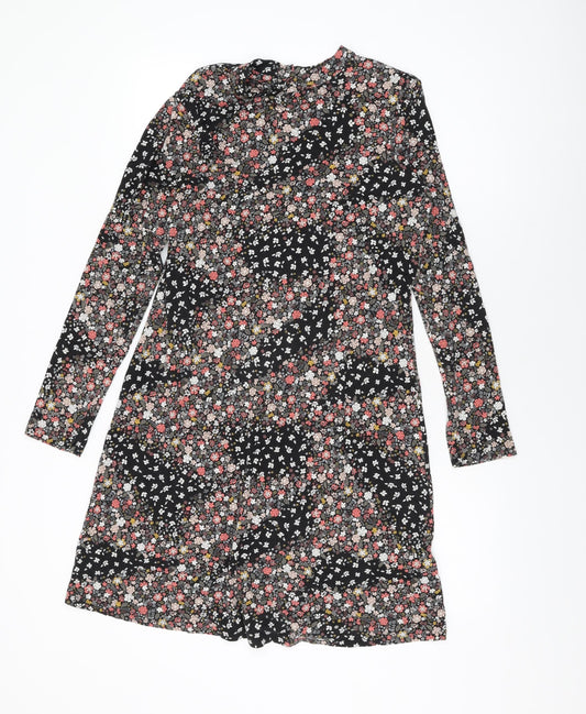 Marks and Spencer Womens Black Floral Viscose Shift Size 12 Round Neck Button
