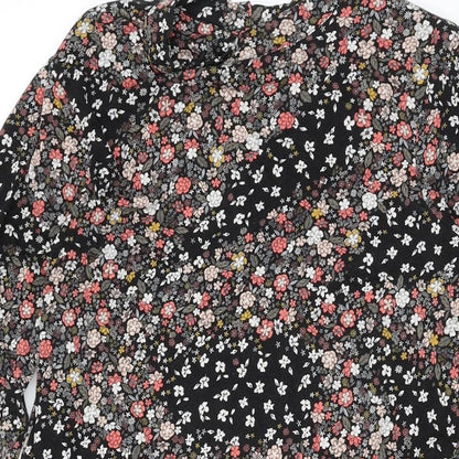 Marks and Spencer Womens Black Floral Viscose Shift Size 12 Round Neck Button