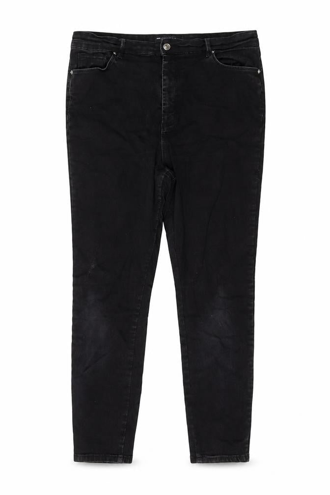 Front view of Asoos women’s black cotton skinny jeans, size UK 18, 25-inch leg regular button