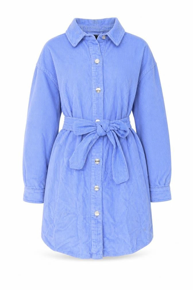 Front view of Asoso women’s purple cotton shirt dress, size UK 6, collared button
