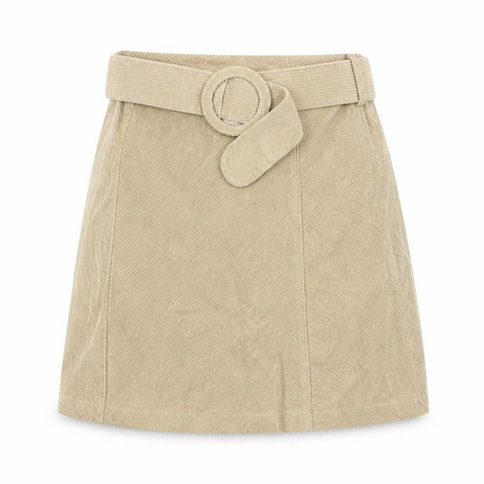Front view of Denim & Co. women’s beige cotton mini skirt, size UK 6, zip