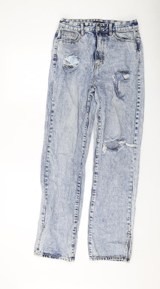 PRETTYLITTLETHING Womens Blue Cotton Wide-Leg Jeans Size 12 L32 in Regular Button