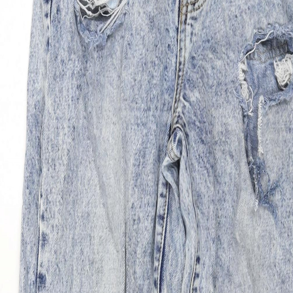 PRETTYLITTLETHING Womens Blue Cotton Wide-Leg Jeans Size 12 L32 in Regular Button