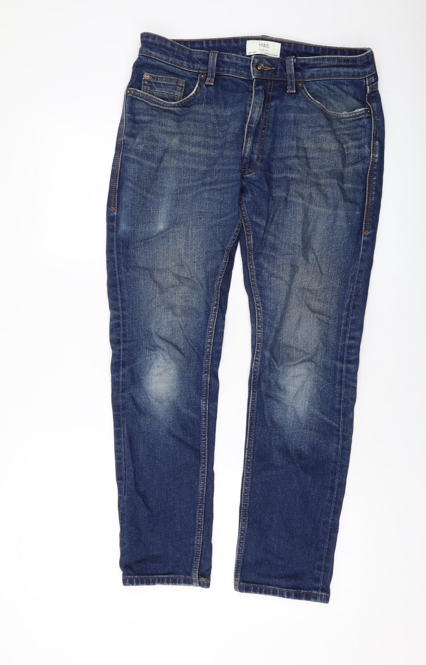 Marks and Spencer Mens Blue Cotton Straight Jeans Size 30 in L29 in Slim Button