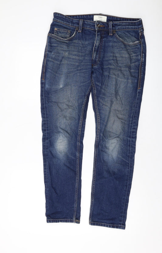Marks and Spencer Mens Blue Cotton Straight Jeans Size 30 in L29 in Slim Button