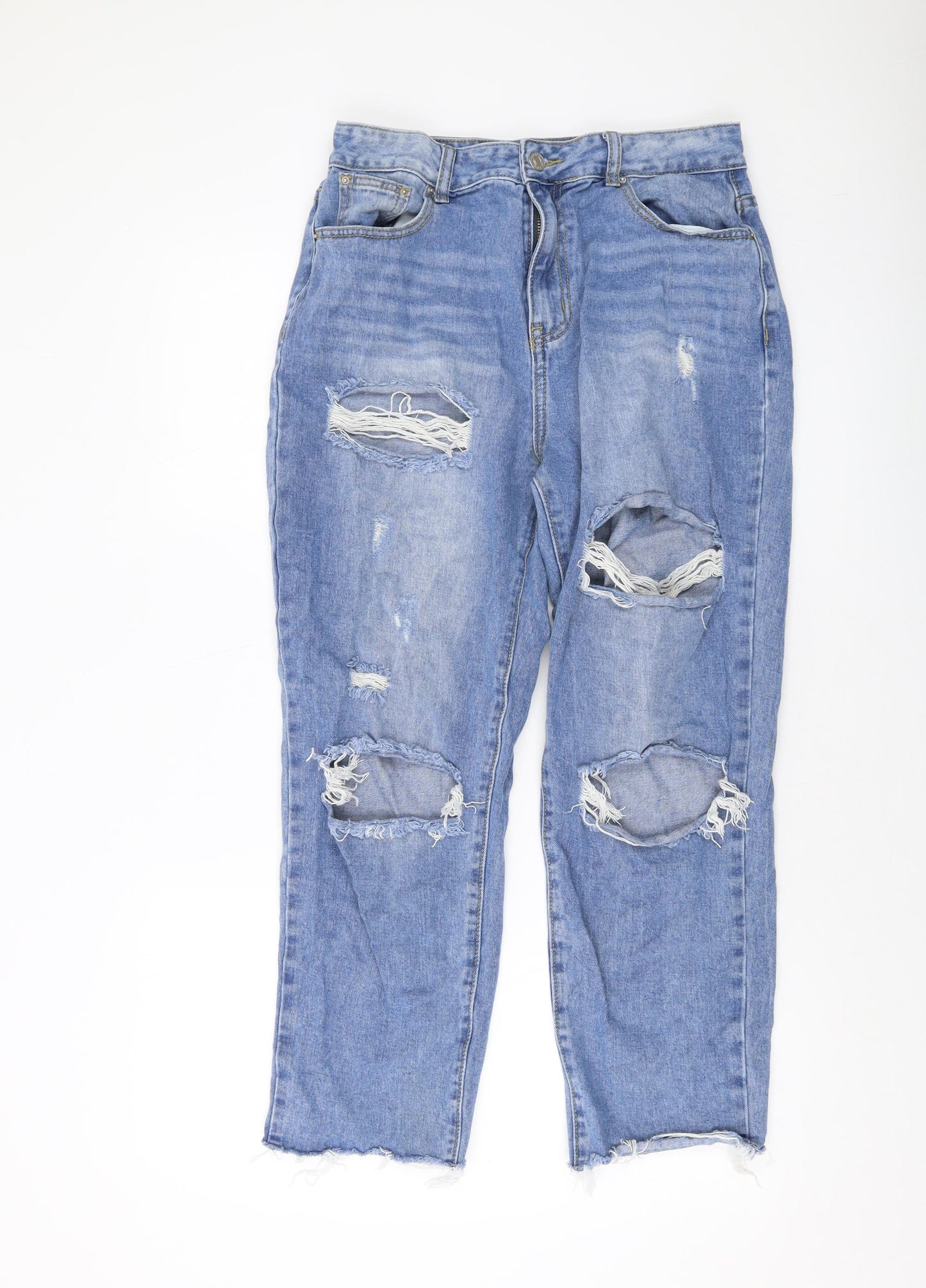 PRETTYLITTLETHING Womens Blue Cotton Straight Jeans Size 12 L24 in Regular Button