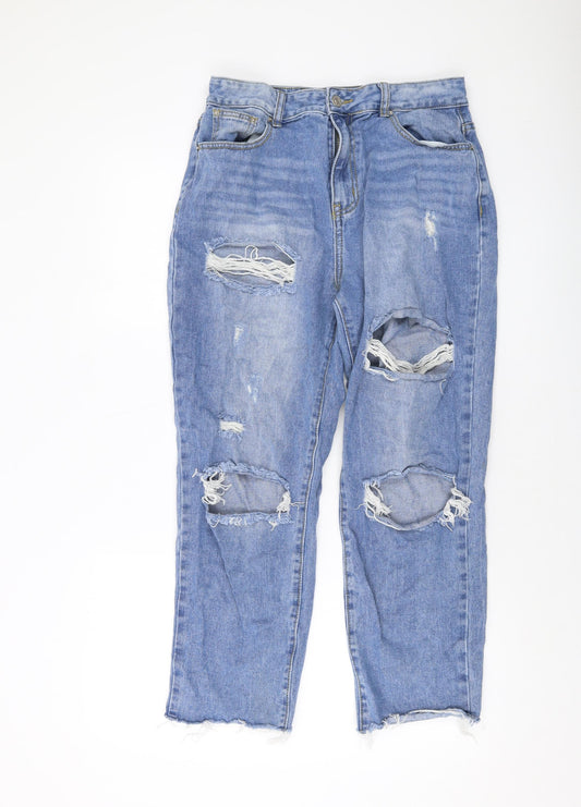 PRETTYLITTLETHING Womens Blue Cotton Straight Jeans Size 12 L24 in Regular Button