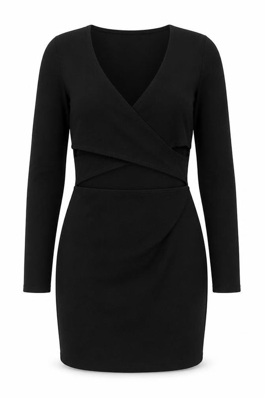 Front view of In the Style women’s black polyester bodycon, size UK 12, v-neck pullover - cut out