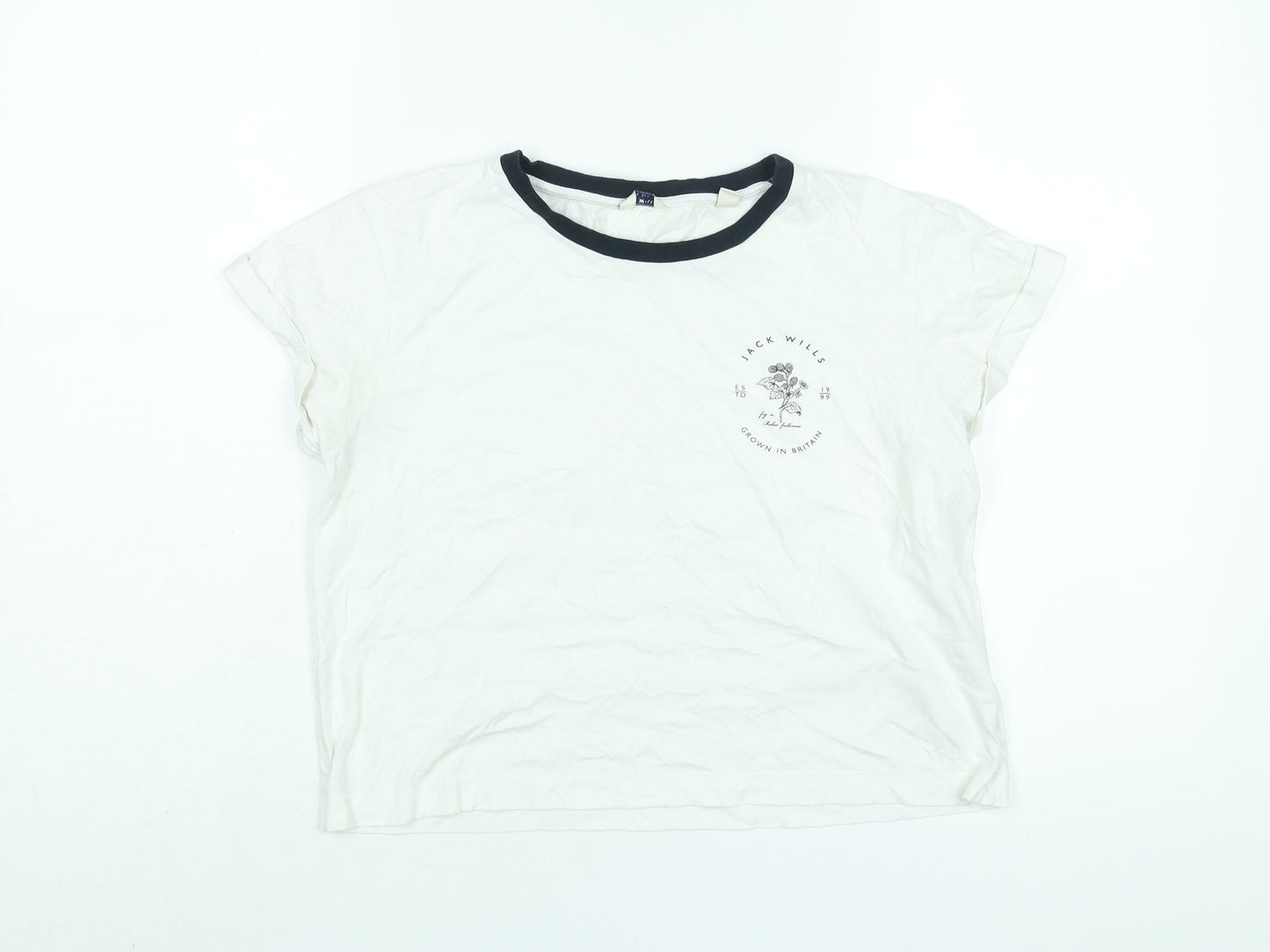 Jack Wills Womens White Cotton Basic T-Shirt Size 10 Round Neck - Floral Logo Print