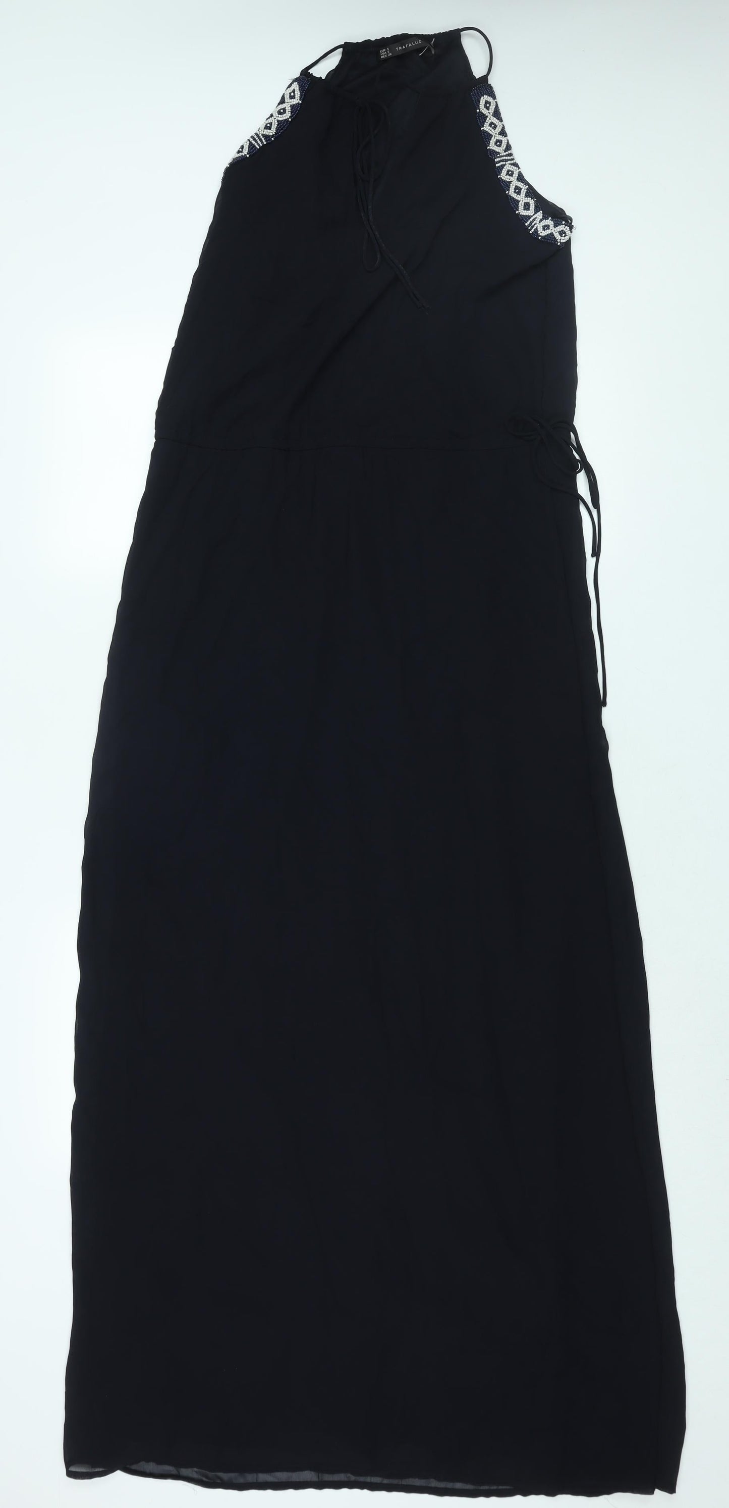 Zara Womens Blue Polyester Maxi Size S Round Neck Tie - Beaded Neckline