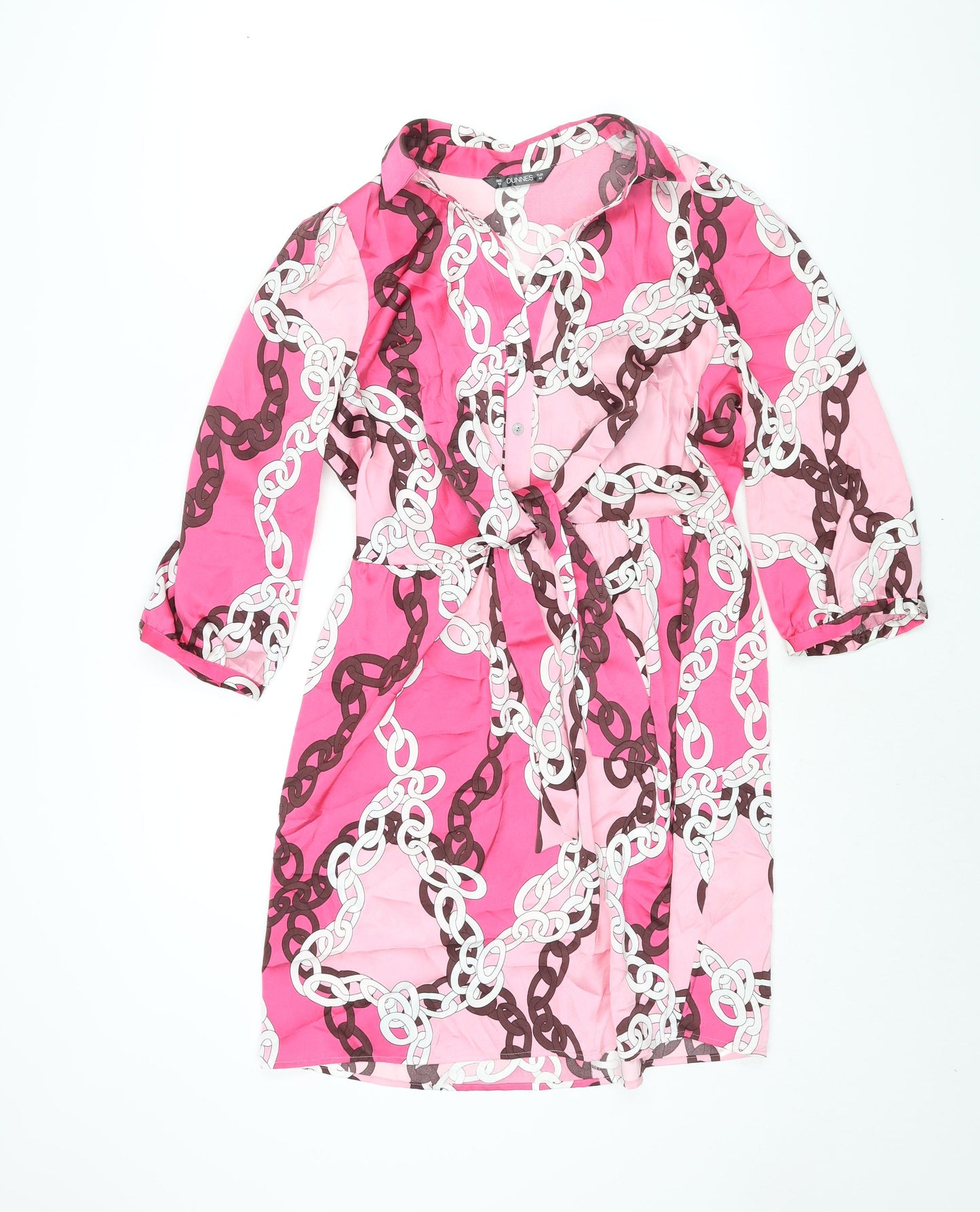Dunnes Stores Womens Pink Geometric Polyester Shirt Dress Size M Collared Button - Tie Detail Chain Print