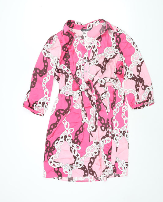 Additional front view of Dunnes women’s pink geometric polyester shirt dress, collared button - tie detail chain print
