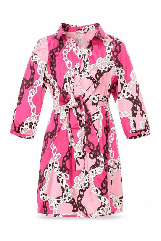 Front view of Dunnes women’s pink geometric polyester shirt dress, size M, collared button - tie detail chain print