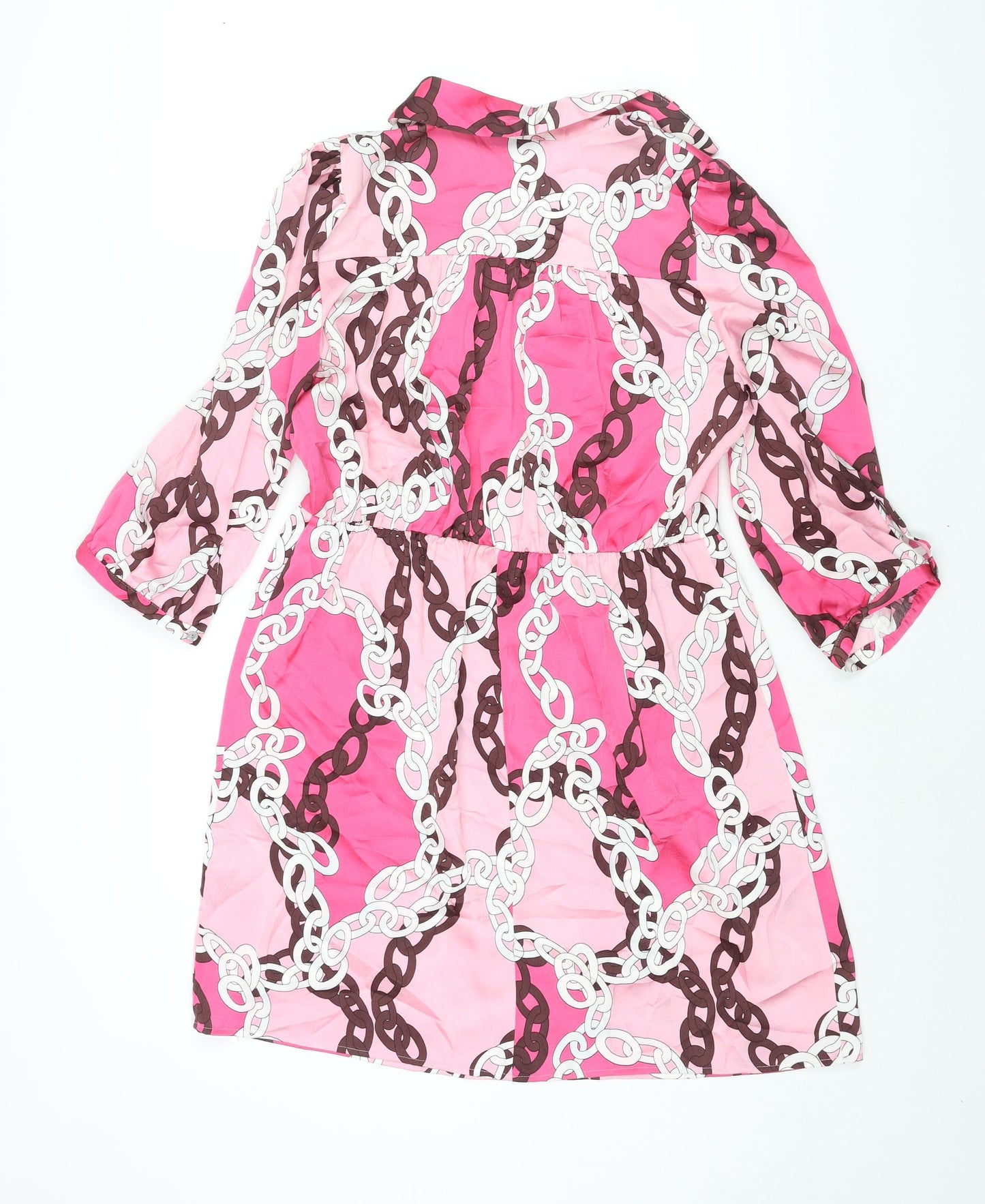 Dunnes Stores Womens Pink Geometric Polyester Shirt Dress Size M Collared Button - Tie Detail Chain Print