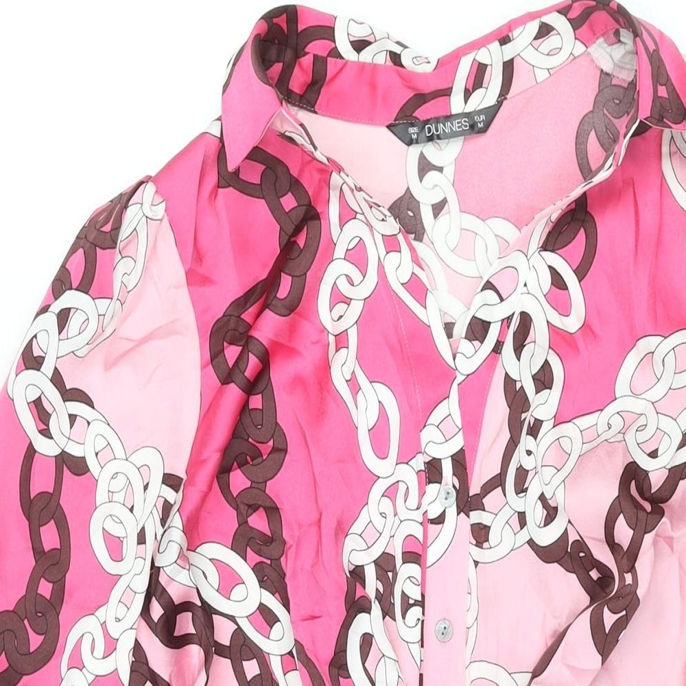 Dunnes Stores Womens Pink Geometric Polyester Shirt Dress Size M Collared Button - Tie Detail Chain Print