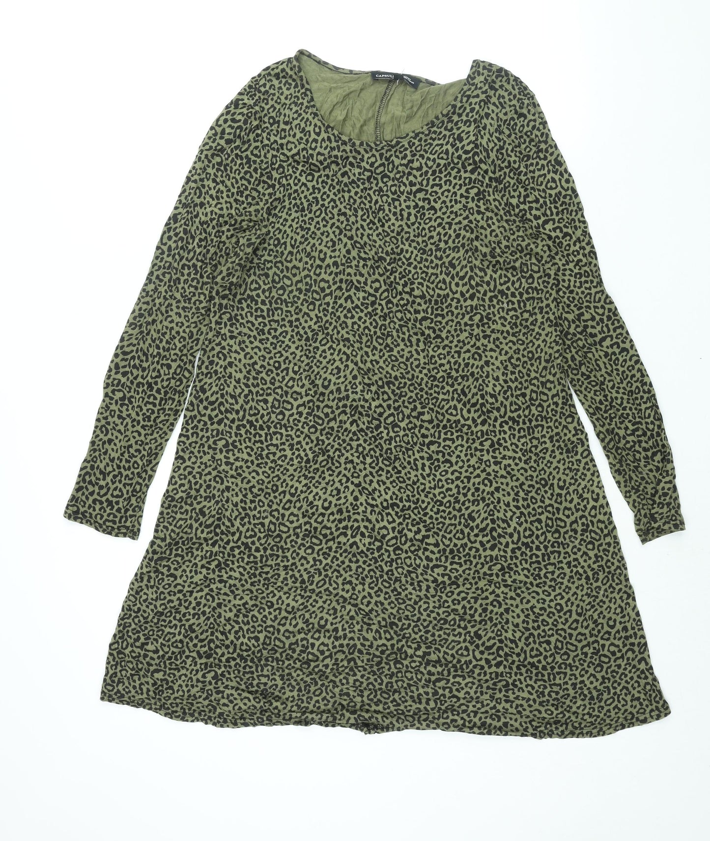 Capsule Womens Green Animal Print Viscose Shift Size 12 Round Neck Pullover - Leopard Print