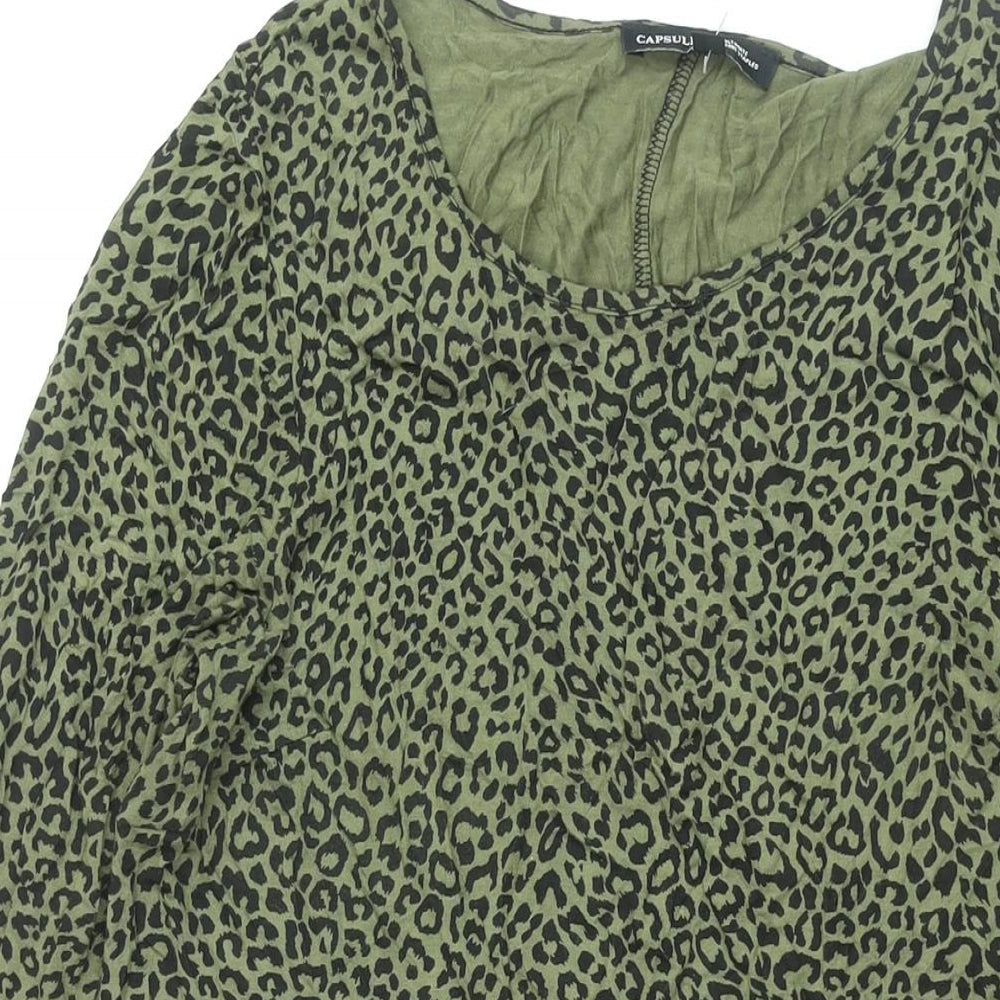 Capsule Womens Green Animal Print Viscose Shift Size 12 Round Neck Pullover - Leopard Print