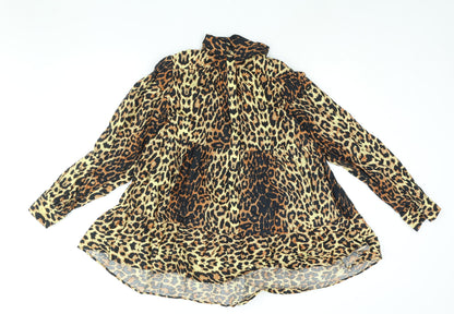 Topshop Womens Brown Animal Print Cotton Shirt Dress Size 6 Collared Button - Smocked Leopard Print