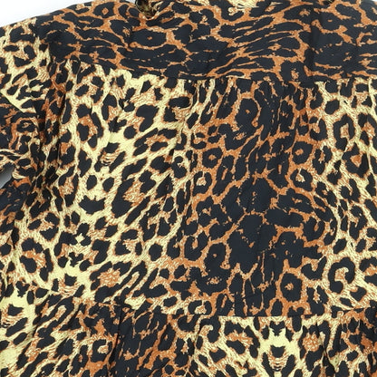 Topshop Womens Brown Animal Print Cotton Shirt Dress Size 6 Collared Button - Smocked Leopard Print