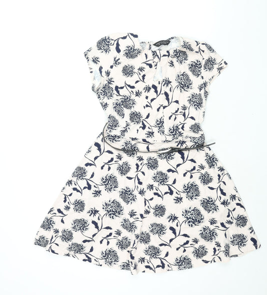 Dorothy Perkins Womens Pink Floral Cotton Fit & Flare Size 12 Round Neck Button - Belted