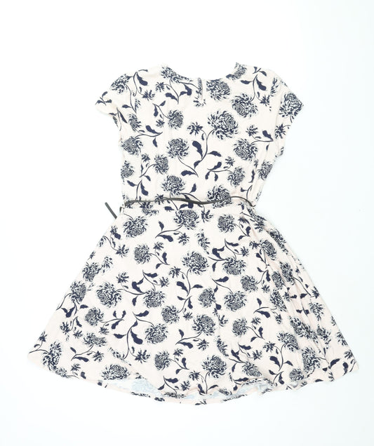 Dorothy Perkins Womens Pink Floral Cotton Fit & Flare Size 12 Round Neck Button - Belted
