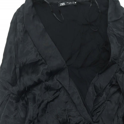 Zara Womens Black Viscose Shift Size M V-Neck Zip - Rhinestone Buckle
