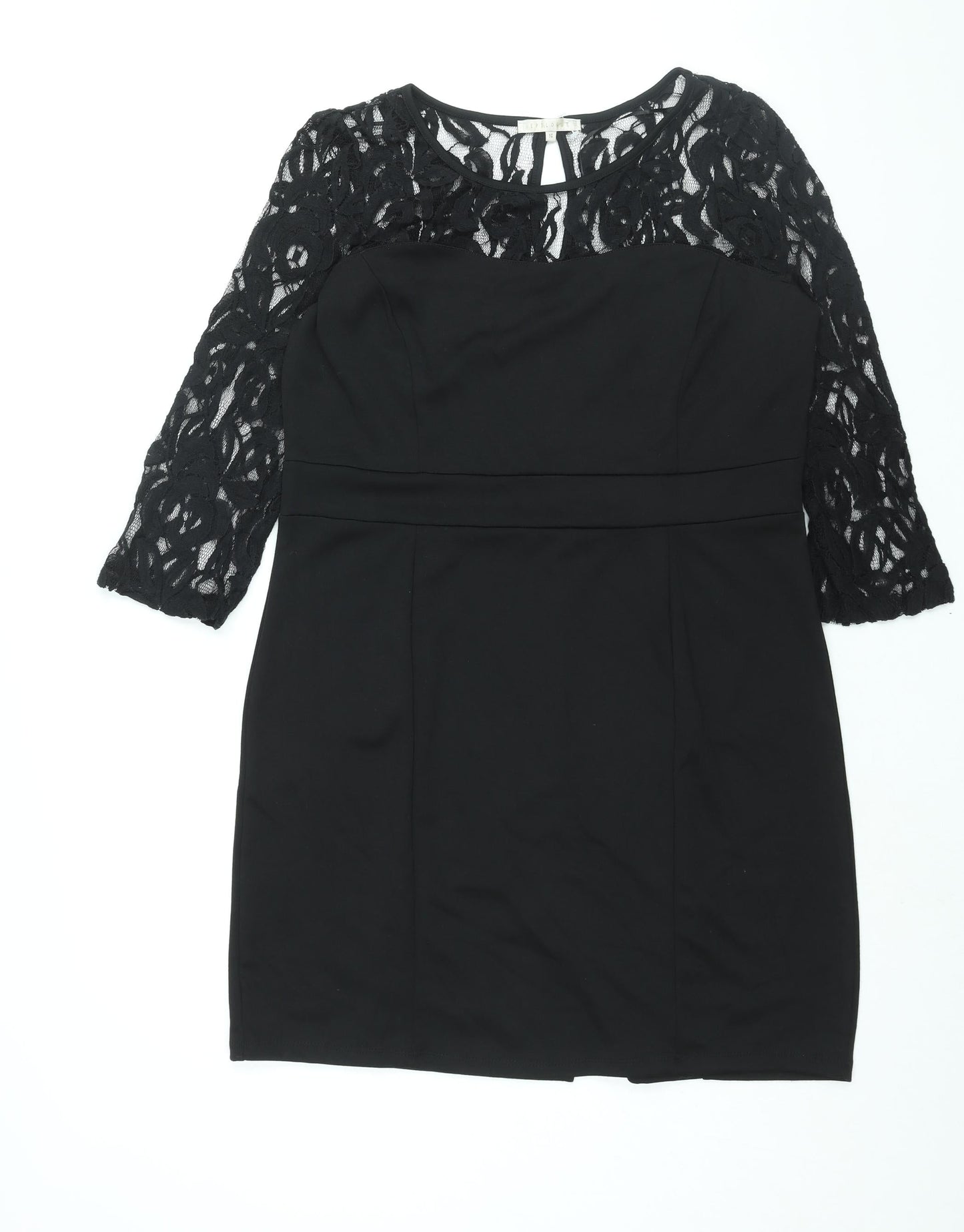 Epilogue Womens Black Cotton Shift Size 14 Round Neck Button - Lace Detail