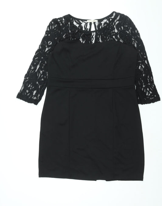 Epilogue Womens Black Cotton Shift Size 14 Round Neck Button - Lace Detail