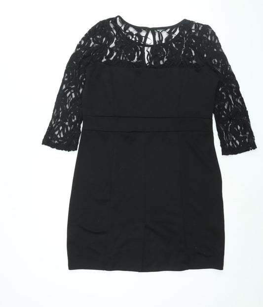 Epilogue Womens Black Cotton Shift Size 14 Round Neck Button - Lace Detail