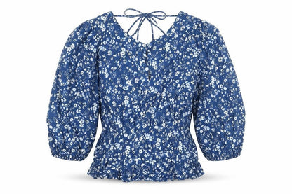 Next Womens Blue Floral Viscose Basic Blouse Size 12 Boat Neck - Peplum Tie
