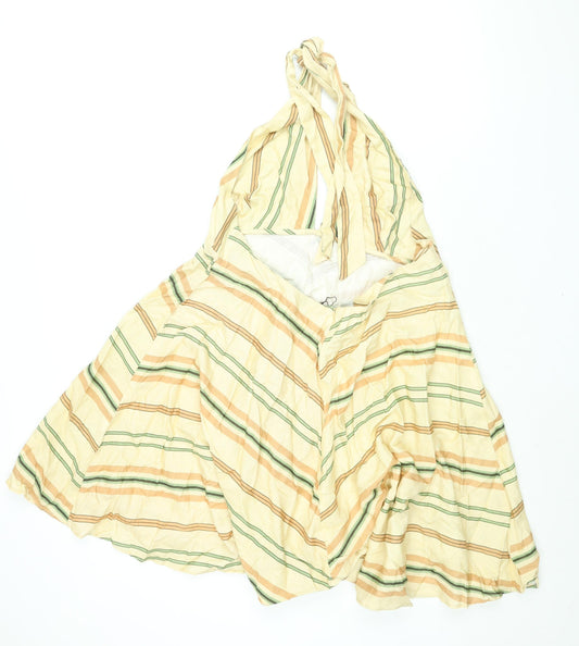Zara Womens Yellow Striped Linen Fit & Flare Size 2XL Halter Zip